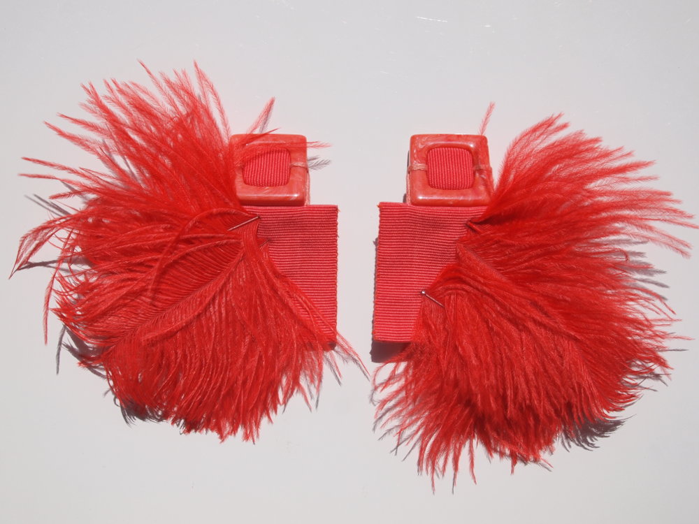 feather earrings in coral